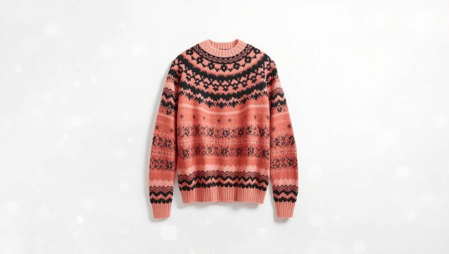 Patterned Knit Sweater in Warm Coral and Black on Soft Background