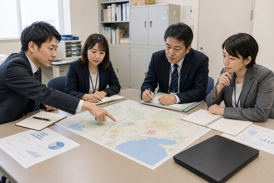 Japanese local government staff and business professionals discussing regional development plan