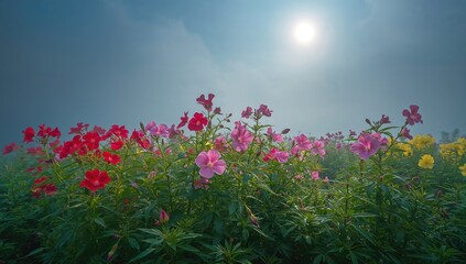 Obraz premium Colorful Blooming Flowers Under Soft Sunlight in a Misty Field