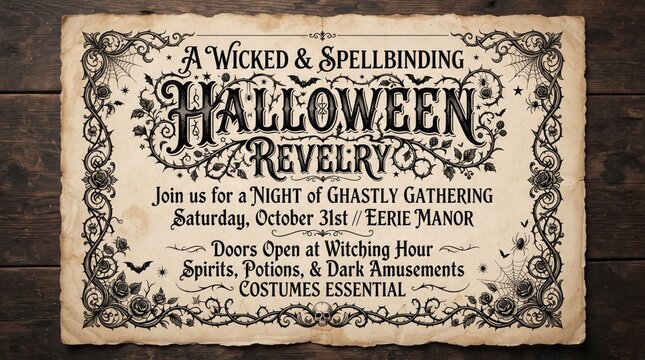 Vintage Halloween revelry event poster template on old paper texture background with ornate frame typography