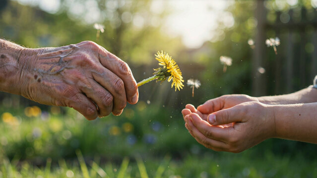 Elderly person holding a yellow dandelion flower passing it to a young child's hands outdoors in a sunny garden setting with dandelion, generation