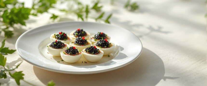 Deviled Eggs Topped with Caviar Garnished with Vegetables on a White Plate