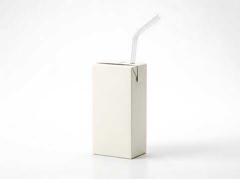 Small blank cardboard juice box with a clear plastic straw for drinking healthy liquid beverage at home. juice box mockup