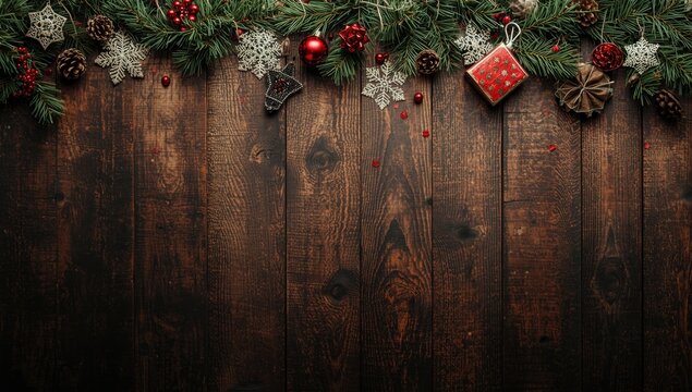 Christmas Decorations with Pine Cones and Ornaments on Wood Background