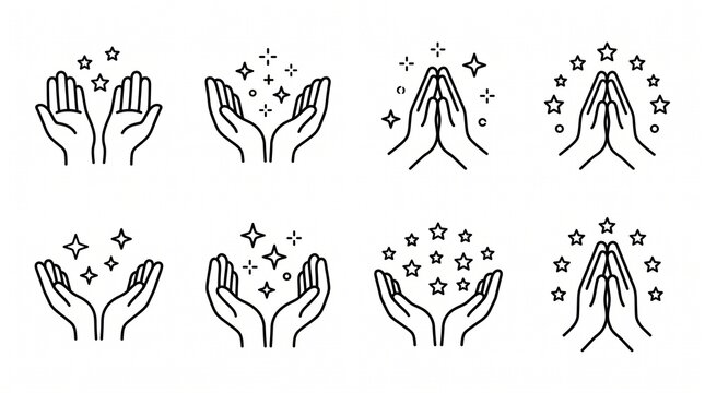 Set of hand gestures with stars, praying hands and open palms line art icons.