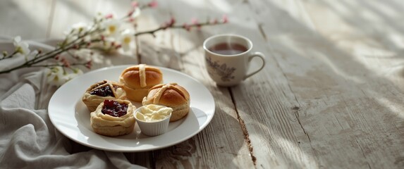 Fototapeta premium Freshly Baked Scones with Cream and Jam on a Table with Tea and Flowers in Soft Light