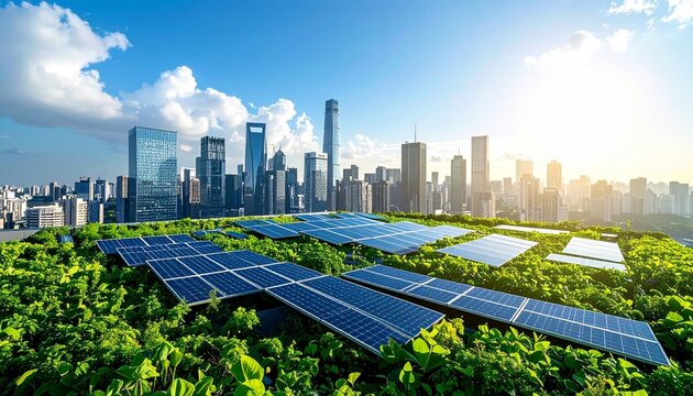 Solar city glows with radiant clarity, radiating resilience, sustainability, and progress; a vivid emblem of clean energy, innovation, and transformation within urban life.