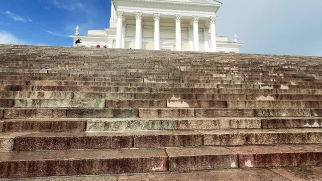 Helsinki Cathedral Seen from Below Rising Above Wide Stone Steps