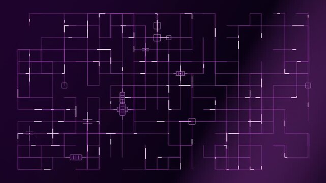 abstract purple schematic diagram with glowing interconnected nodes and lines