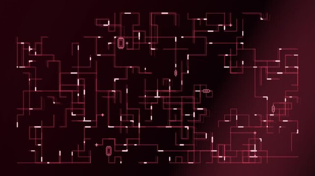 Electronic circuit diagram with glowing red lines and animated signal points traversing pathways
