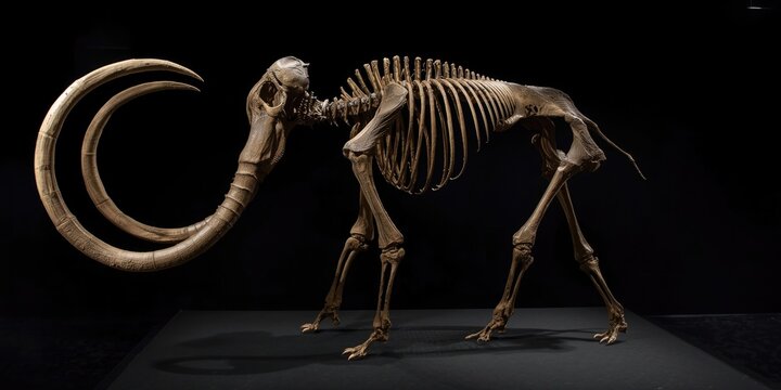 Skeletal Remains of an Extinct Creature Standing on Display in a Dark Environment