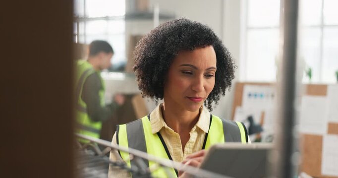 Woman, tablet and stock in warehouse for inventory details, online order and small business. Mature person, tech and inspection for supply chain, quality control and courier info with distribution