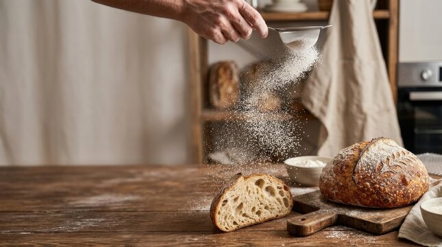 Artisan Bread Baking: A baker's hands sift flour over a rustic loaf of sourdough bread, showcasing the art of baking with fresh ingredients and traditional techniques.
