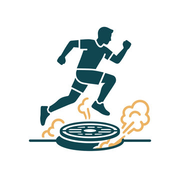 Silhouette of man jumping over manhole with steam.