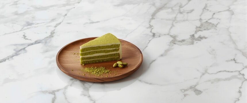 Matcha Layered Cake Slice on a Wooden Plate with Pistachios on Marble Surface