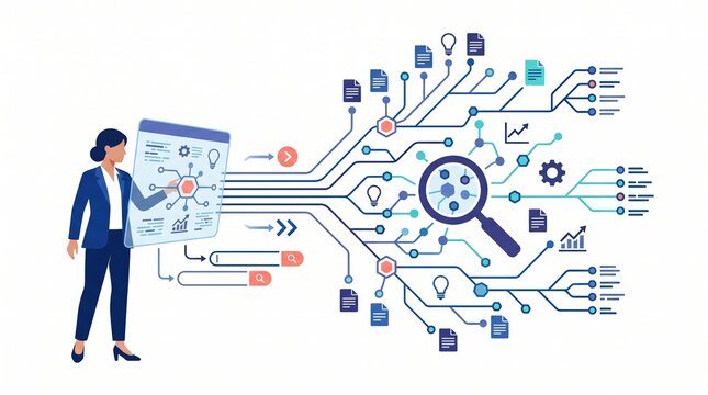 A woman interacts with a digital interface connected to a data network. Represents smart office automation and big data analysis. Ideal for business technology presentations.