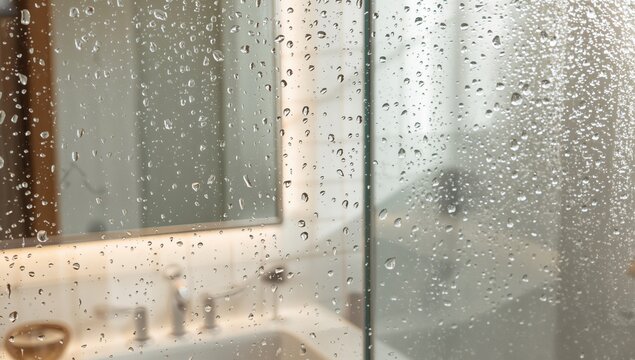 Raindrops on a Glass Shower Screen with Blurred Bathroom Reflection