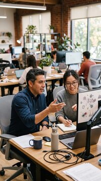 Diverse coworkers looking at data visualization on a monitor. Collaborative atmosphere in a high-tech workspace focusing on innovation. Ideal for corporate technology marketing.