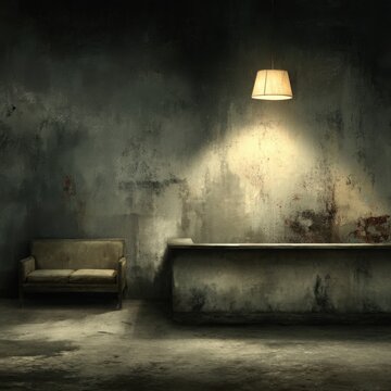 An eerily lit, weathered room with a vintage sofa against a mottled wall, shadowed by a singular pendant lamp illuminating the space with an aged atmosphere.