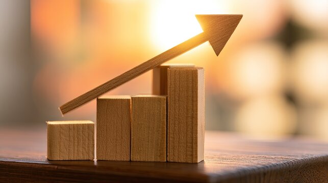 Wooden blocks form a rising bar chart with an arrow indicating growth