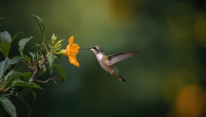 Naklejka premium Hummingbird Feeding on a Bright Yellow Flower in Soft Natural Light