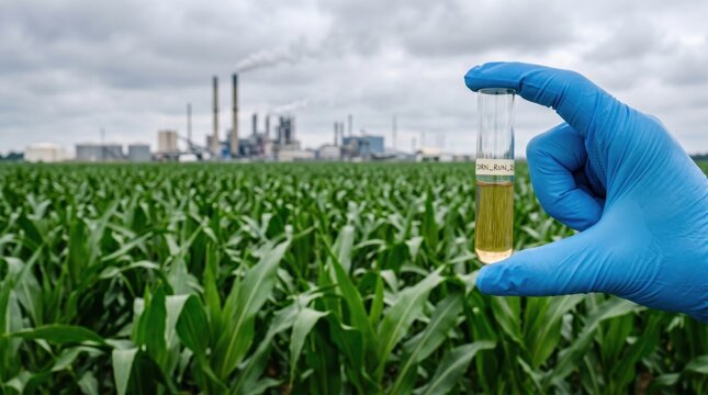 Scientist holding a test tube with chemical sample in front of a corn field and factory