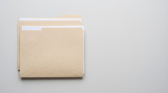 Manila file folders with white papers stacked on a clean gray surface with copy space for corporate organization, document management and professional archiving concept.