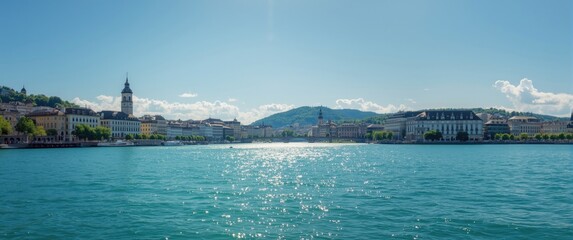 Fototapeta premium Panoramic View of a Waterfront City under a Clear Blue Sky