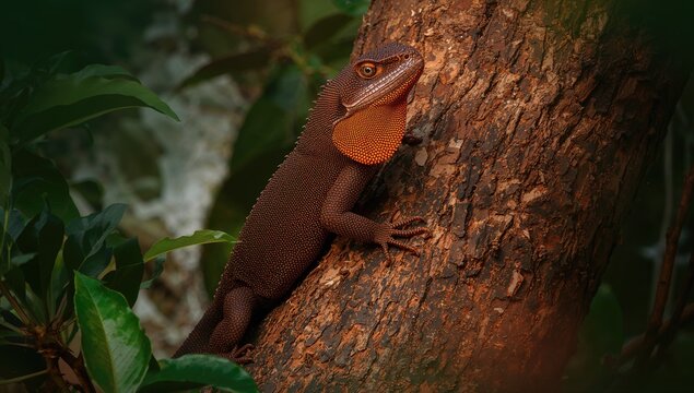 Lizard Climbing a Tree in a Dense Green Forest Environment