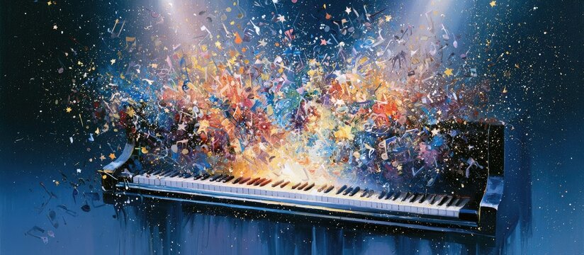 A piano explodes with vibrant colors, musical notes, and light
