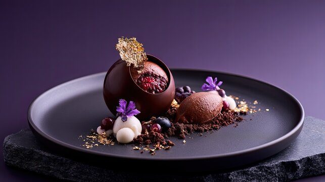 Elegant chocolate dessert sphere filled with berries, served with mousse