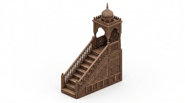 Ornate wooden minbar pulpit for mosque isolated on white background