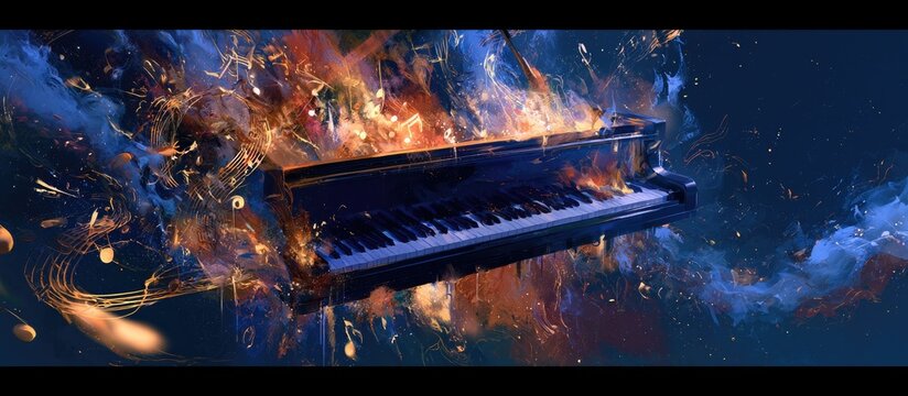 Piano explodes into vibrant colors and musical notes against dark background