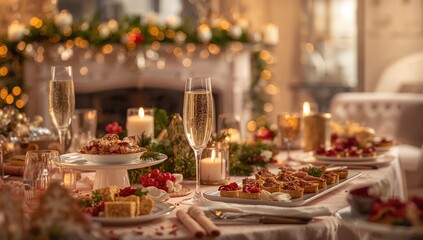 Fototapeta premium Elegant Holiday Dinner Table Set with Festive Treats and Champagne Flutes in Cozy Ambiance