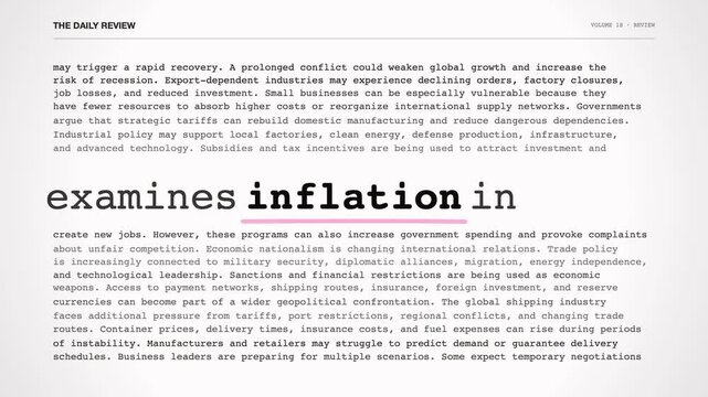 Animated newspaper text highlighting inflation headlines and economic articles