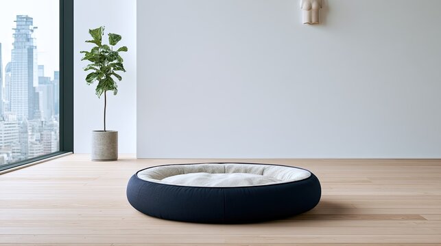 A round, plush pet bed sits on a polished wooden floor in a bright, modern room