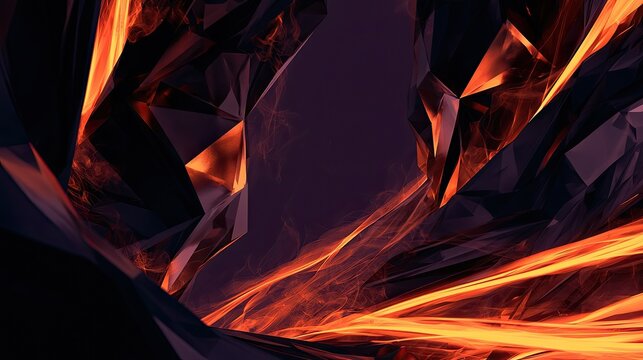 Abstract fiery digital art with geometric shapes and glowing orange energy
