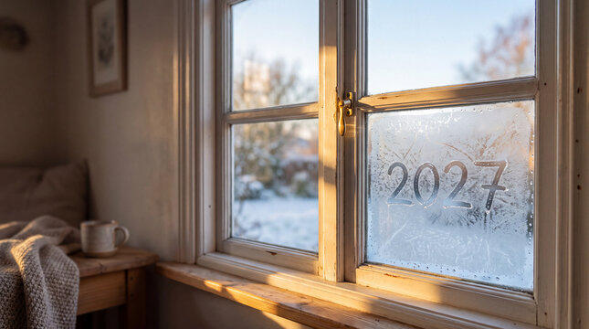 A cozy indoor scene with a window showing frost and the year 2027 etched on the glass. Soft morning light illuminates the room with a warm atmosphere.