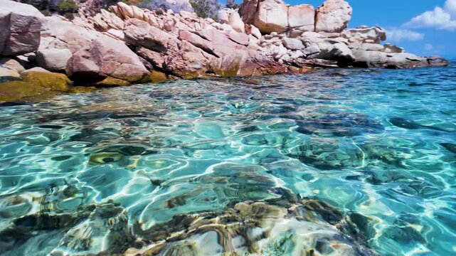 Crystal clear turquoise water off the coast of Spargi Island in the La Maddalena Archipelago, Sardinia, Italy