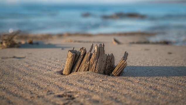 Wooden Driftwood Piece on Sandy Beach with Soft Ocean Background