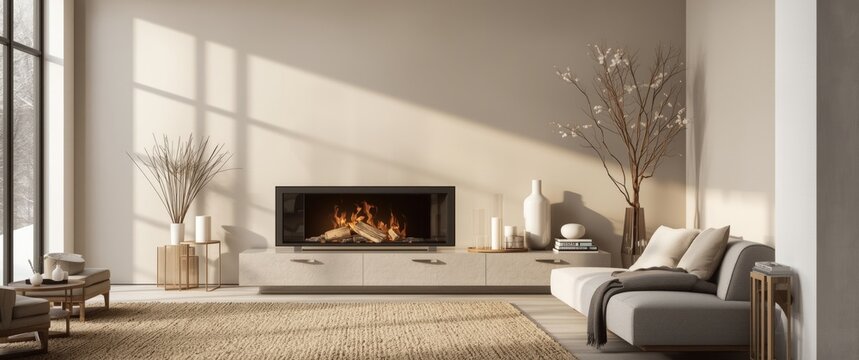 Modern Living Room with Fireplace and Natural Light Shadows