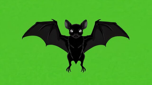 Black bat with wings spread on bright green background