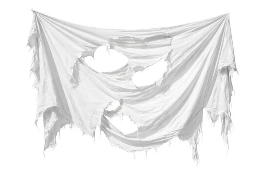 Tattered White Fabric Draped with Holes Isolated on White