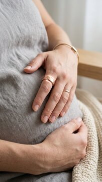 Pregnant woman wearing smart ring tracker monitoring health at home in soft natural light