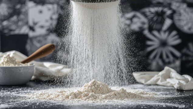 Flour Sifting from a Sifter onto a Dark Surface with Floral Background