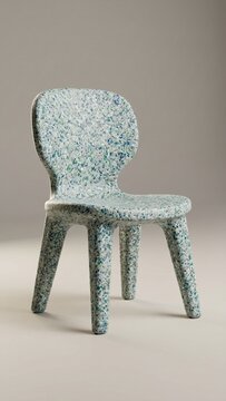 Recycled plastic chair for sustainable interior design in neutral studio featuring multicolored speckled terrazzo texture