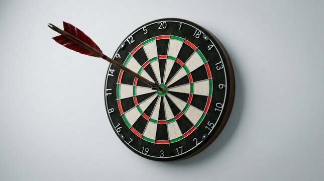 Precision Strike: A solitary dart finds its mark dead center on a classic dartboard, symbolizing accuracy and the culmination of a well-aimed shot.