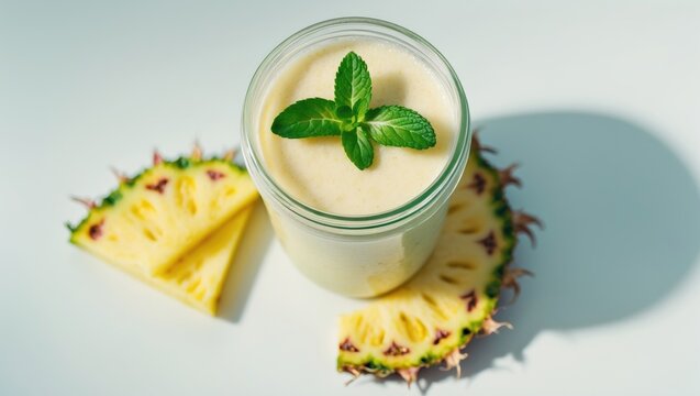 Pineapple Smoothie in Jar Garnished with Fresh Mint on Light Surface
