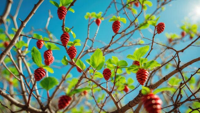 Red Pine Cones Hanging from Branches Against a Clear Blue Sky