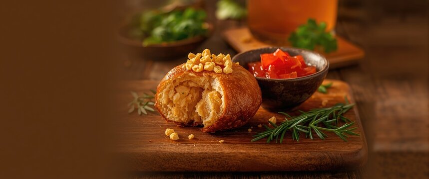 Crispy Savory Pastry Filled with Chicken Near Bowl of Fresh Salsa on Wooden Table